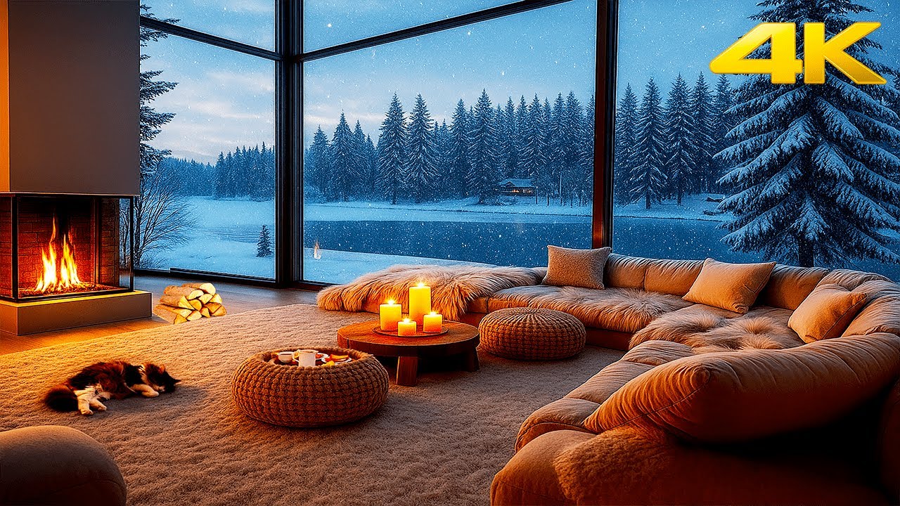 Cozy Cabin Winter Ambience ❄️ Fireplace & Cat Purring