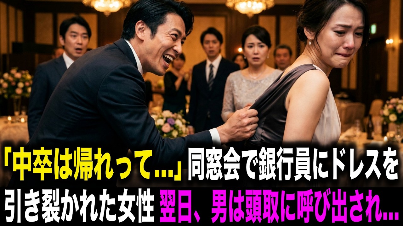 【スカッとする話】「中卒は帰れって&hellip;」同窓会でエリート銀行員にドレスを引き裂かれた女性。翌日、男は銀行をクビになり地獄に落ちる