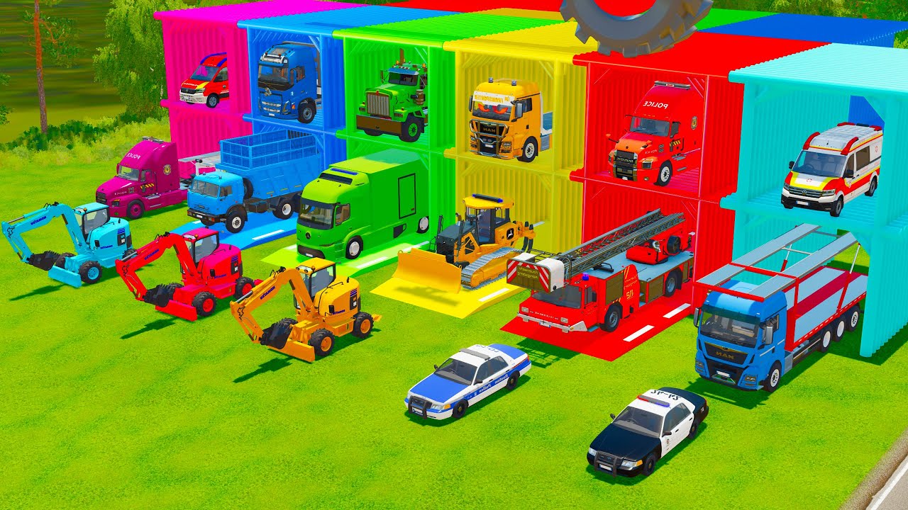 TRANSPORTING EMERGENCY AND RESCUE VEHICLES, POLICE CARS, EXCAVATOR, BULLDOZER, TIPPER TRUCK - FS22