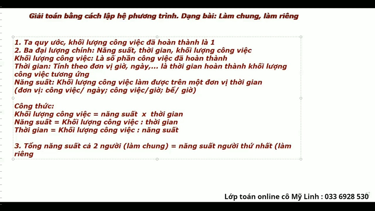 Xử lý nhanh dạng toán làm chung - làm riêng - toán 9 - giải toán bằng cách lập phương trình (phần 1)