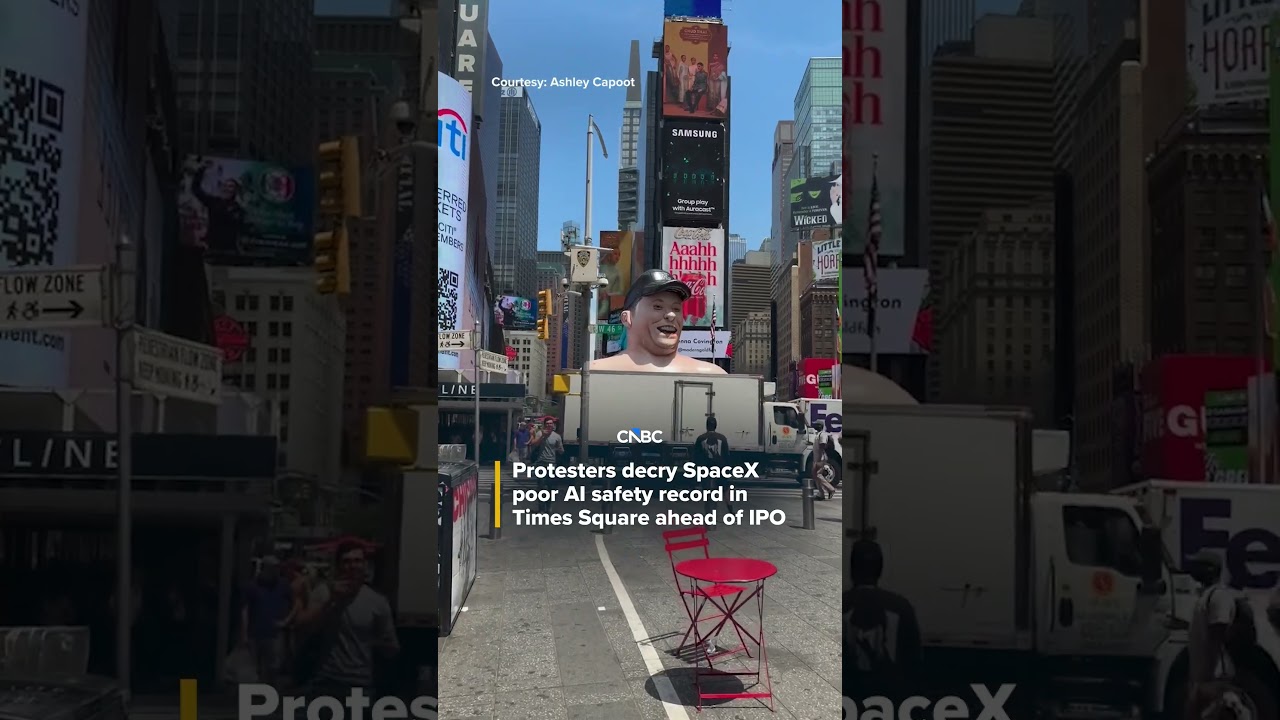 Protestors decry SpaceX poor AI safety record in Times Square ahead of IPO