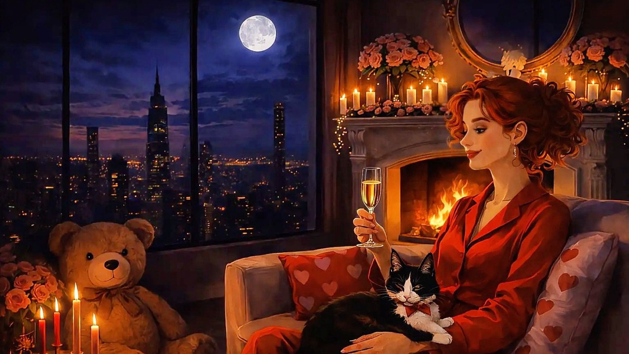 Romantic Jazz Vocal 💋 | Fireplace Sounds- Champagne & Moonlit City Nights