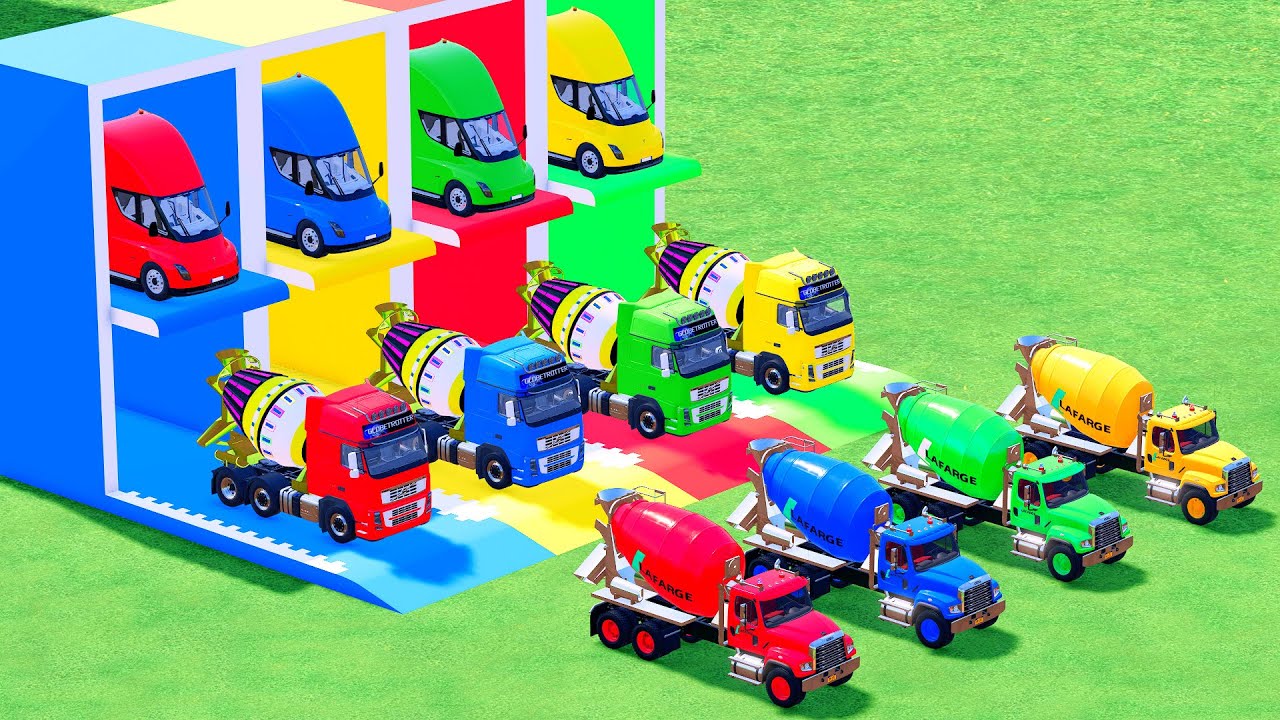 Garage with Colors - ALL MIXER TRUCK WITH DOUBLE FLATBED TRAILER TRUCK, VOLVO, SCANIA, KENWORTH