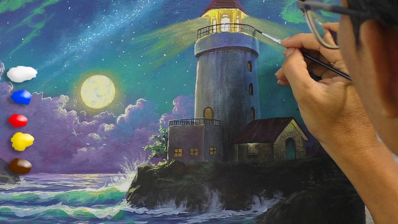 Painting Lighthouse in Moonlight Using Acrylics / Time-lapse / JMLisondra