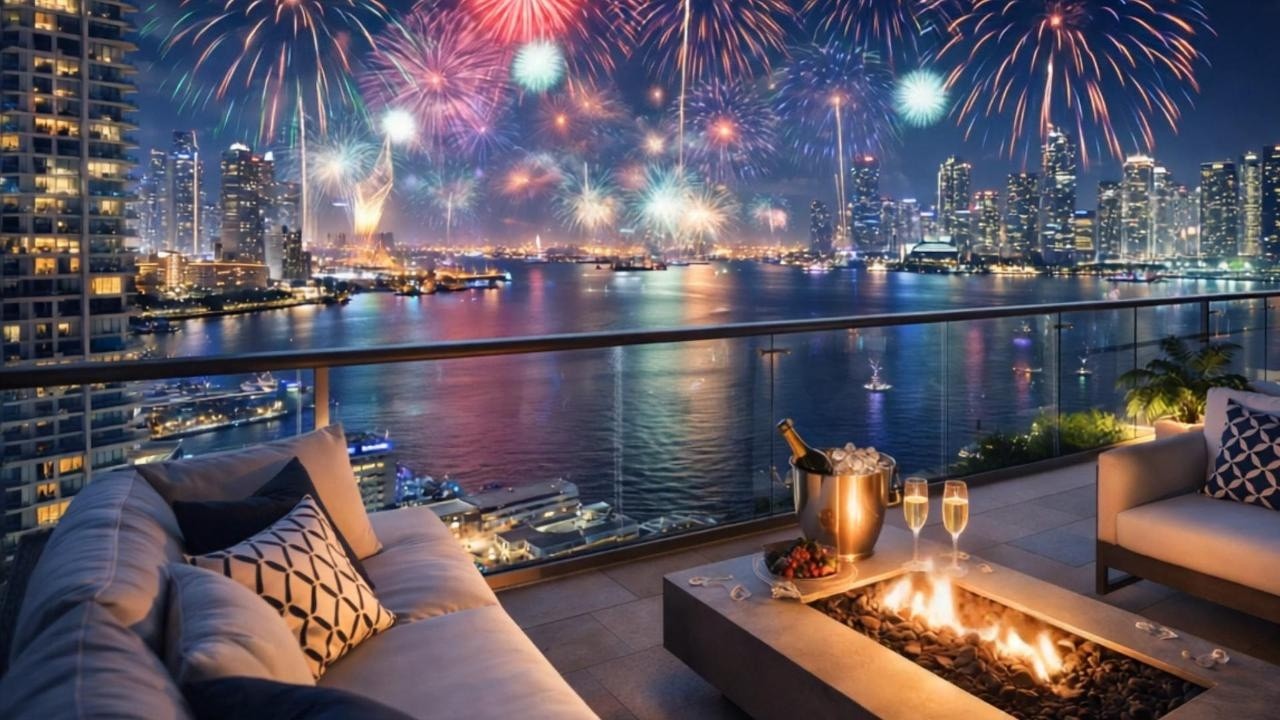Fourth of July Fireworks Background🎆Cinematic Skyline View with Vibrant Fireworks overlooking Bay
