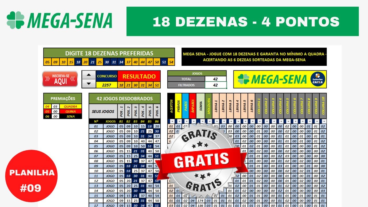 #09 - MEGA SENA | PLANILHA MEGA SENA 18 DEZENAS (GR&Aacute;TIS) | M&Iacute;NIMO 4 PONTOS