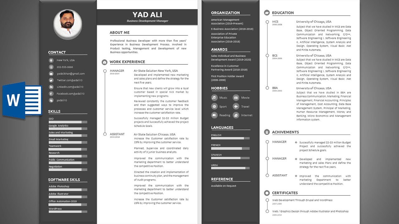 How to make Creative Two Pages Resume in ms word 2019 | Professional Resume in word | Resume writing