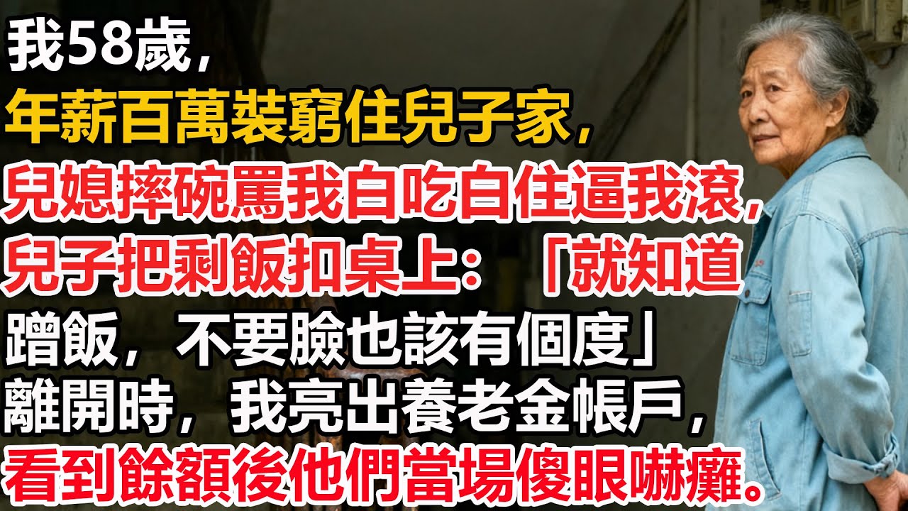 【我58歲】年薪百萬裝窮住兒子家，兒媳摔碗罵我白吃白住逼我滾，兒子把剩飯扣桌上：「就知道蹭飯，不要臉也該有個度」離開時，我亮出養老金帳戶，看到餘額後他們當場傻眼嚇癱在地。
