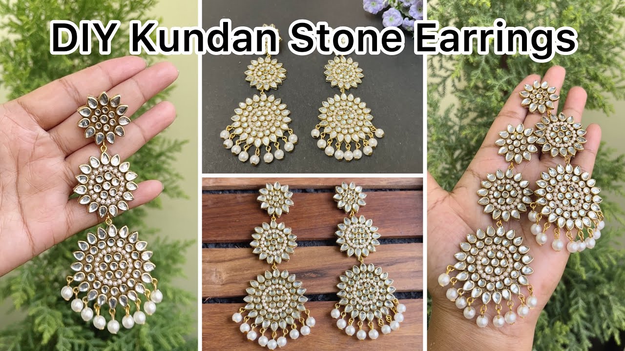 Beautiful Kundan Stone Earrings Tutorials | Easy Earrings Making at Home | How to make Earrings