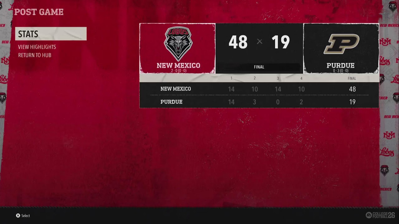EA College Football 26 Dynasty 2029 Week 3 New Mexico @ Purdue