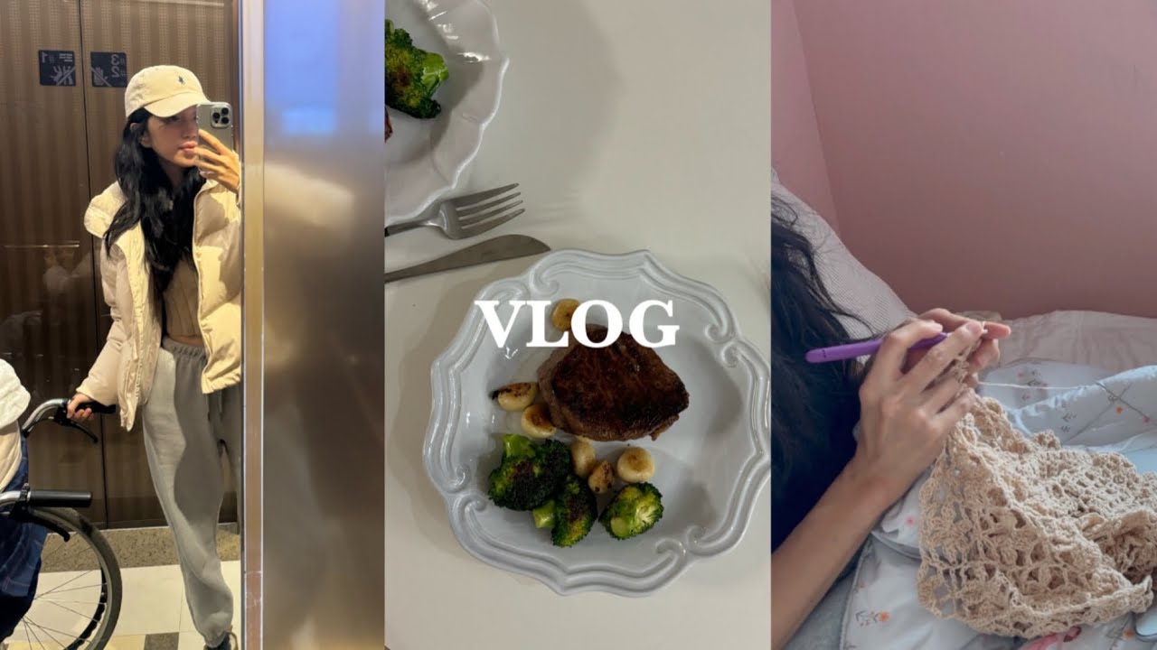VLOG | 간병인 번아웃 | 봄까치꽃 원피스 뜨기 | 블로거 생활 | 2주 만에 운동 | 스테이크 굽기 | 김치볶음밥