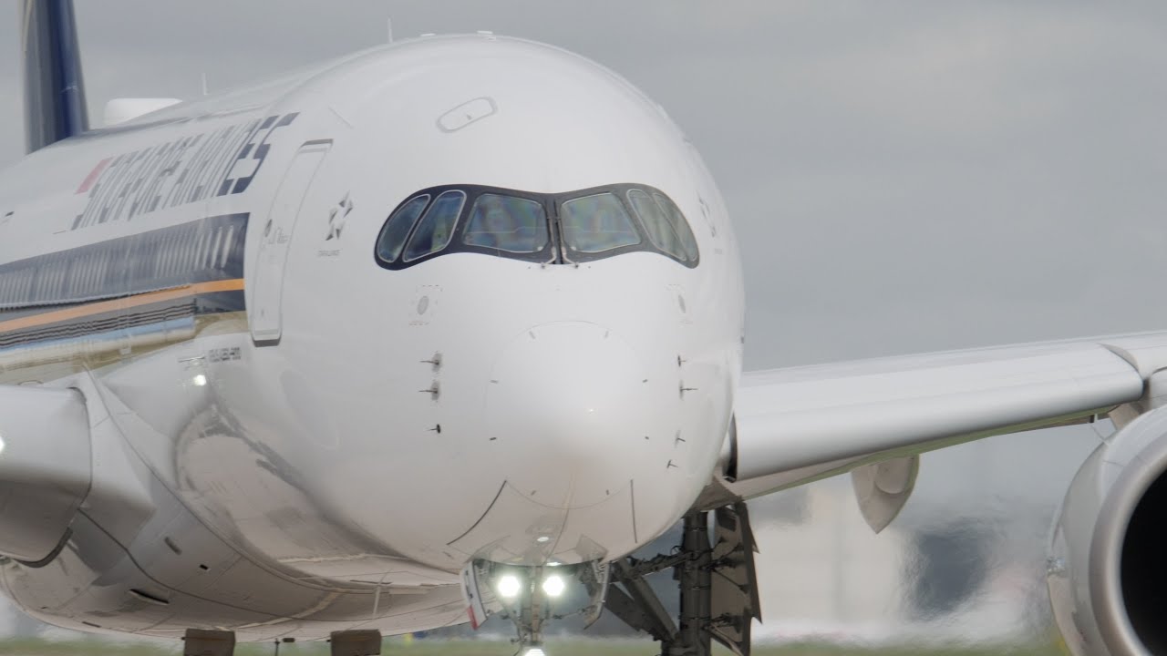 CLOSE UP Singapore Airlines A350 Takeoff from Manchester Airport