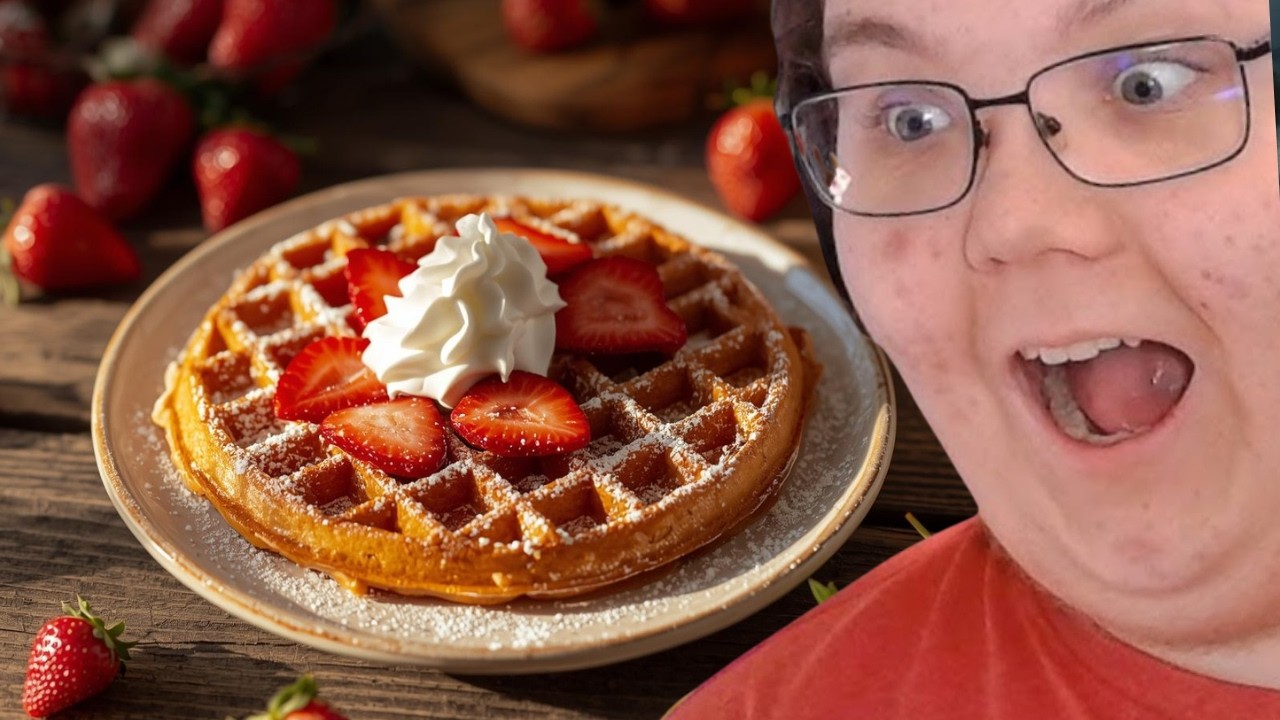 Cooking strawberry waffles!