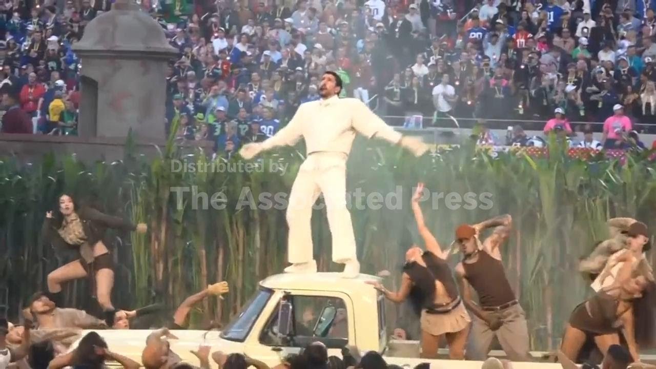 Bad Bunny performs at the Super Bowl halftime show