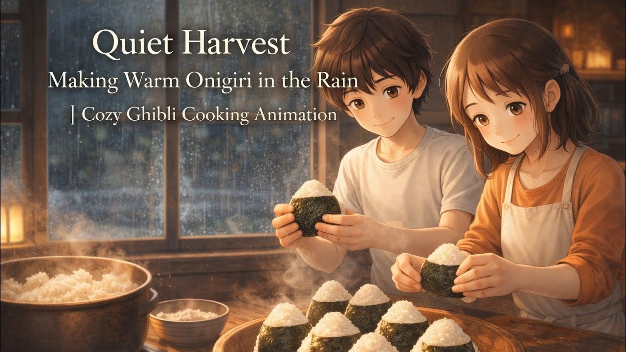 Quiet Harvest — Making Warm Onigiri in the Rain | Cozy Ghibli Cooking Animation #ghiblistyle 
