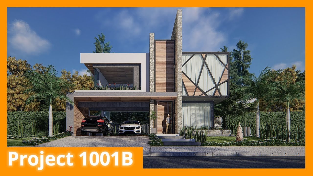 House with stone, glass and wood facade - 1001B
