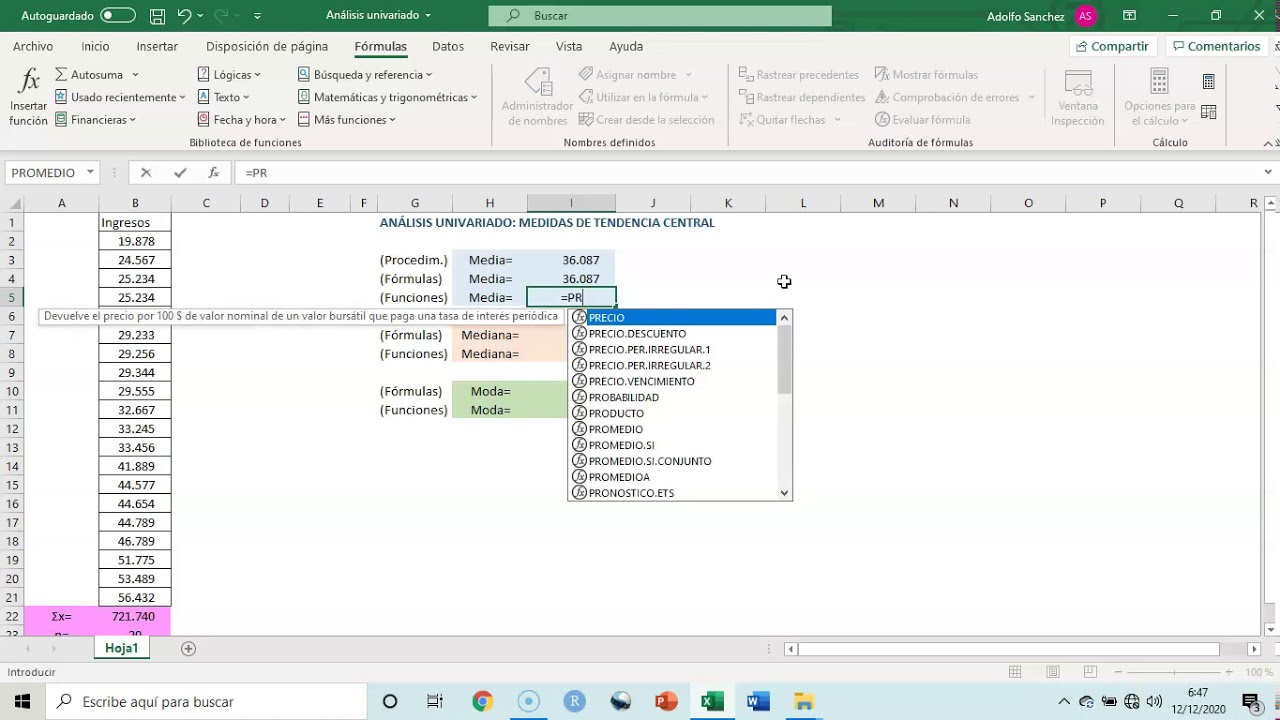 Medidas de tendencia central en Excel (media, mediana y moda)