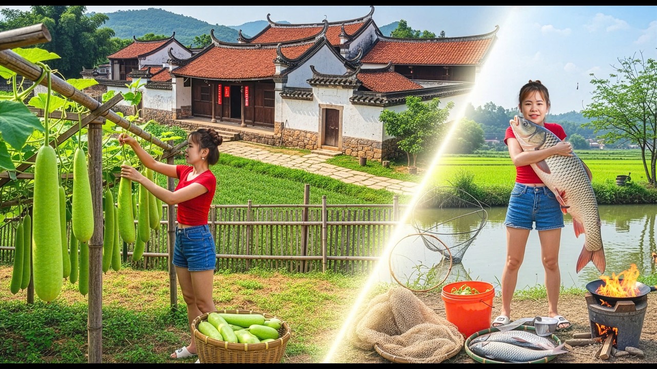 Timelapse - Building My Farm | Making Gourd Trellis, Fishing & Cooking | 36H Off Grid Life
