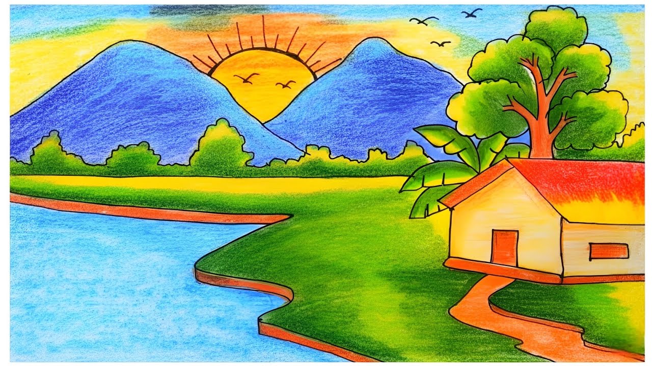 পাহাড় সহ গ্রামের দৃশ্য অংকন || Draw A Hill View Sunrise Scenery With Color Pencil.