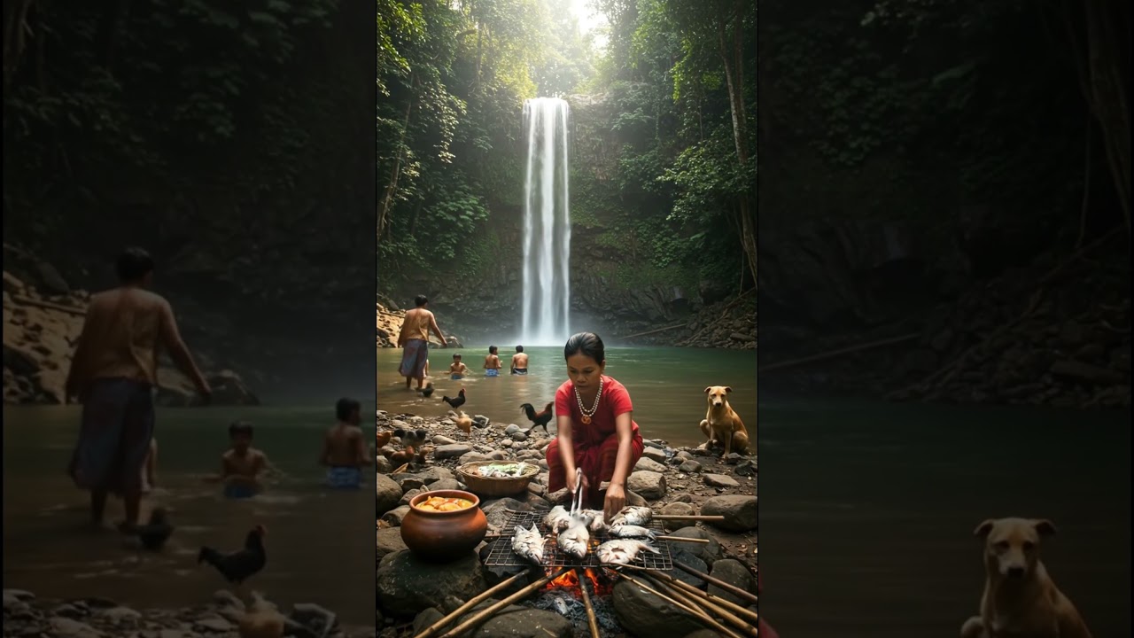 Grilling Fresh River Fish in the Cambodian Jungle Waterfall Cooking in Nature #shorts