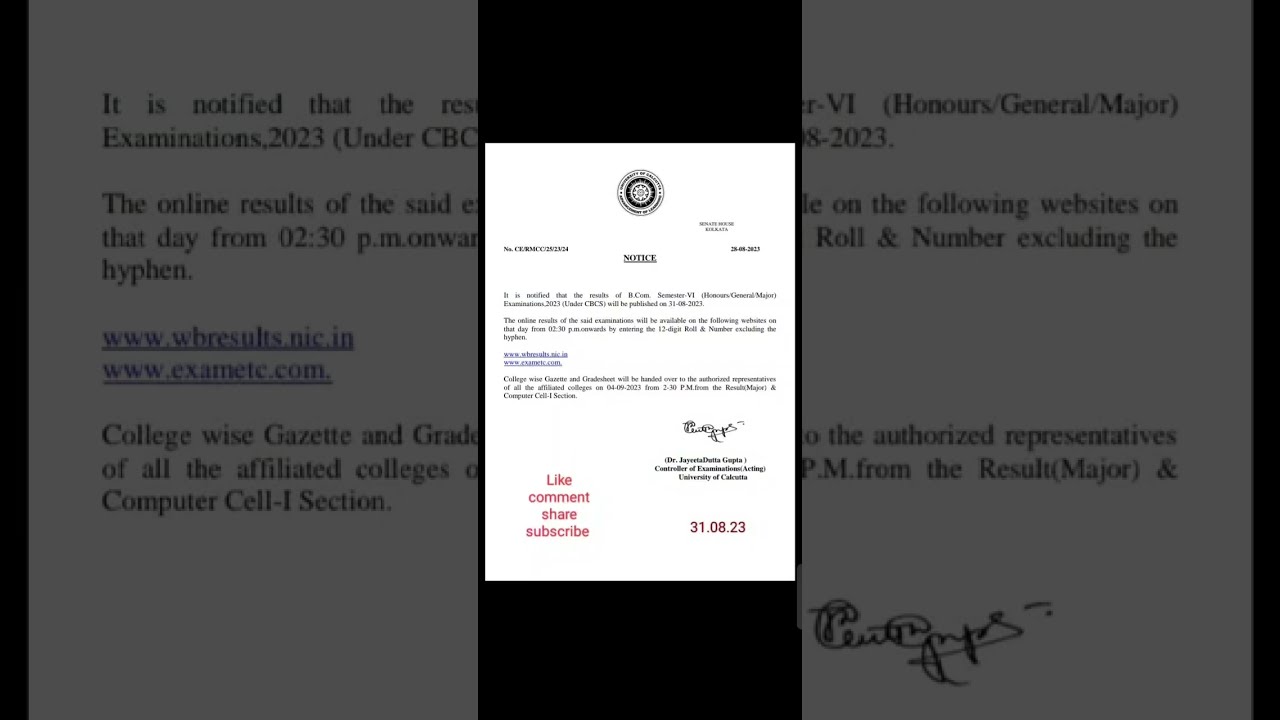CU B.Com 6th semester result publication date notice #bcom#calcuttauniversity#cu#resultnotice#shorts