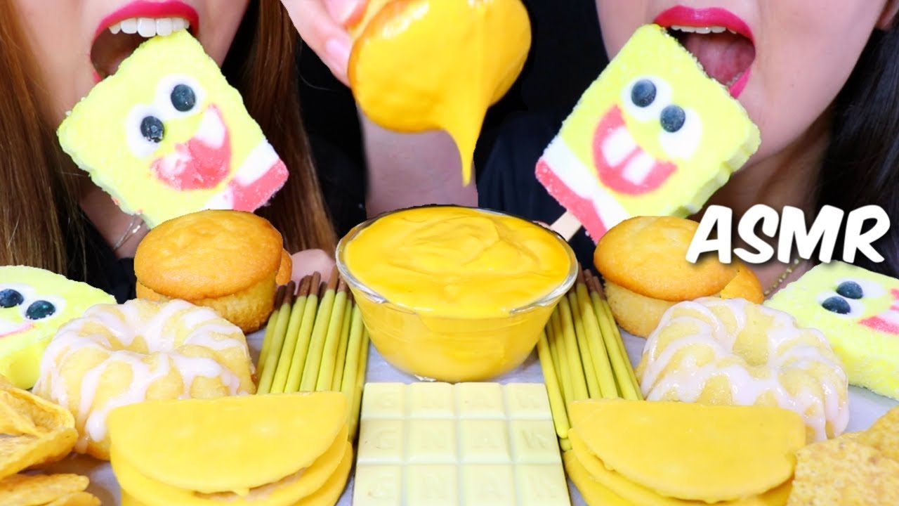 ASMR YELLOW FOODS (ICE CREAM BAR, MOON PIE, CAKE, NACHO CHEESE, POCKY) 리얼사운드 먹방 | Kim&Liz ASMR
