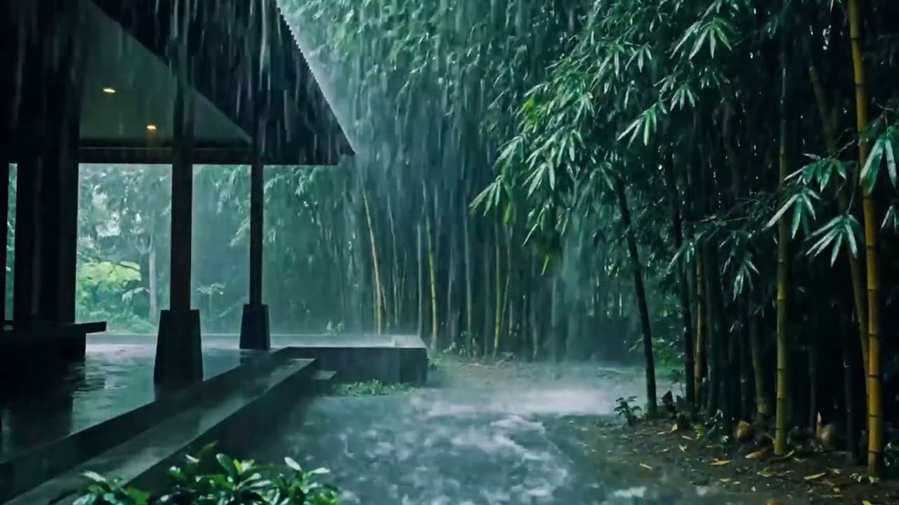 Heavy Rain ASMR Soundscape by Home Terrace and Green Bamboo Trees for Quiet Deep Sleep Night 175