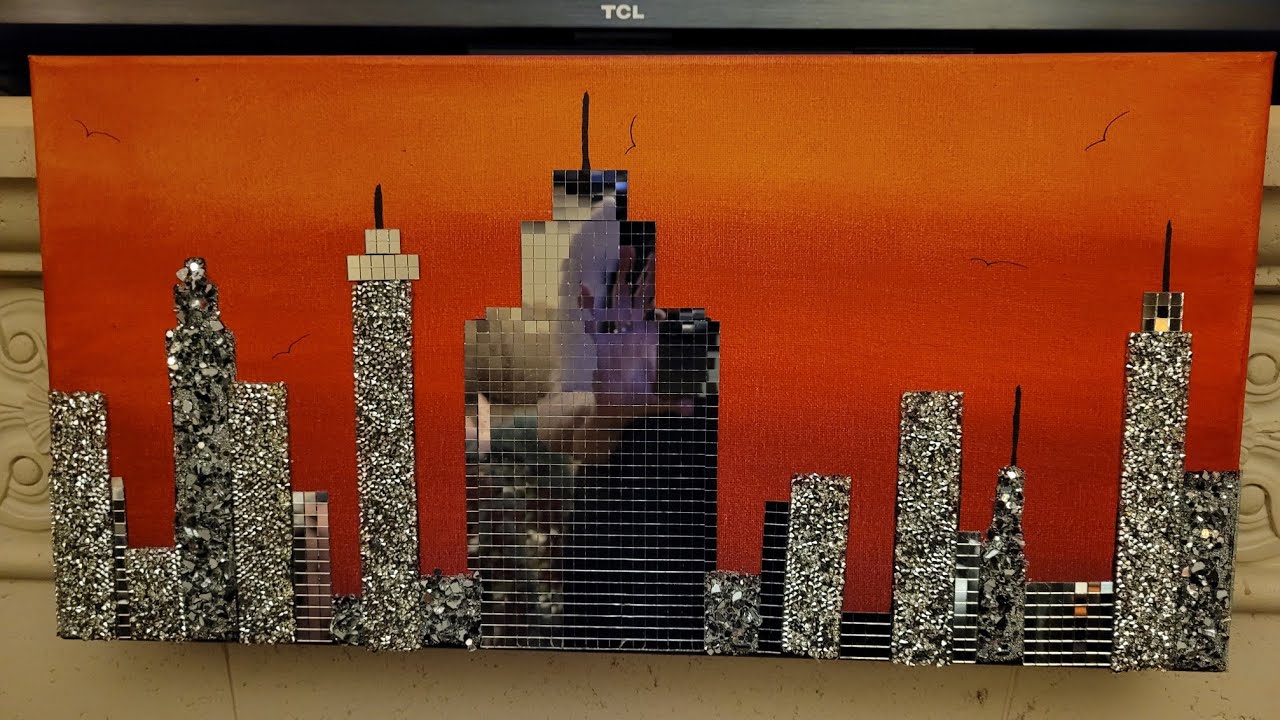 Sunset Bling Bling Cityscape. AMAZING 3D affect using mirror tiles,broken glass and glitterVideo#331
