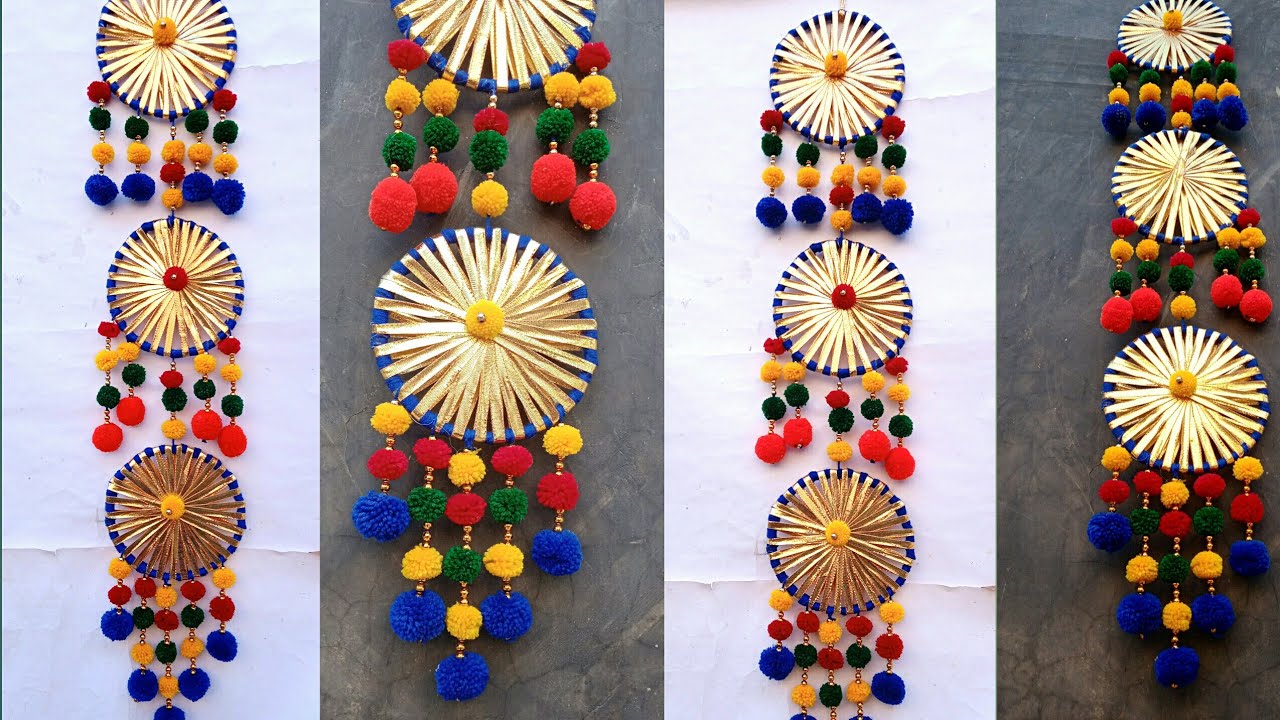 Beautiful Handmade Wall Hanging Craft Idea | pom pom wall hanging | DIWALGIRI BANANE KA TARIKA