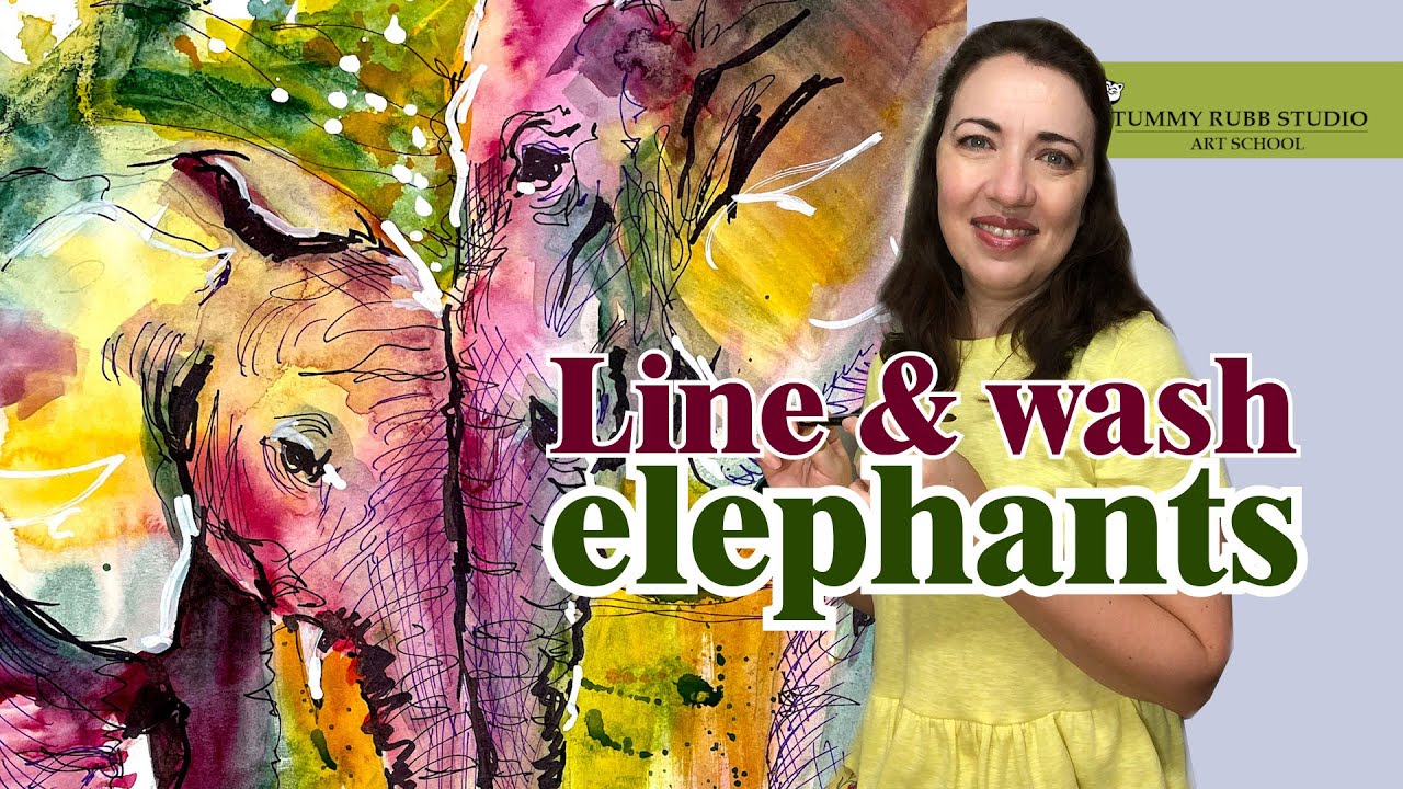 Line and wash animals: watercolor and Sharpie markers elephants step by step