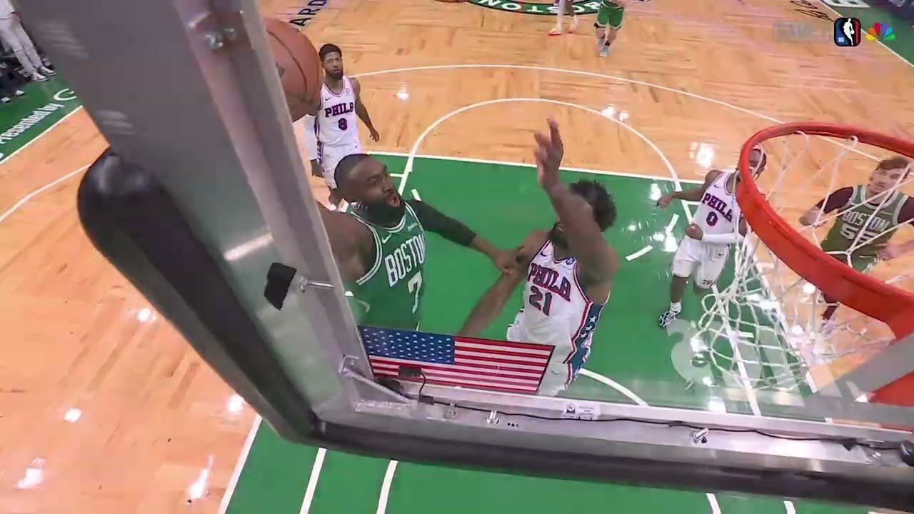 Joel Embiid rejects the powerful dunk attempt by Jaylen Brown at the summit