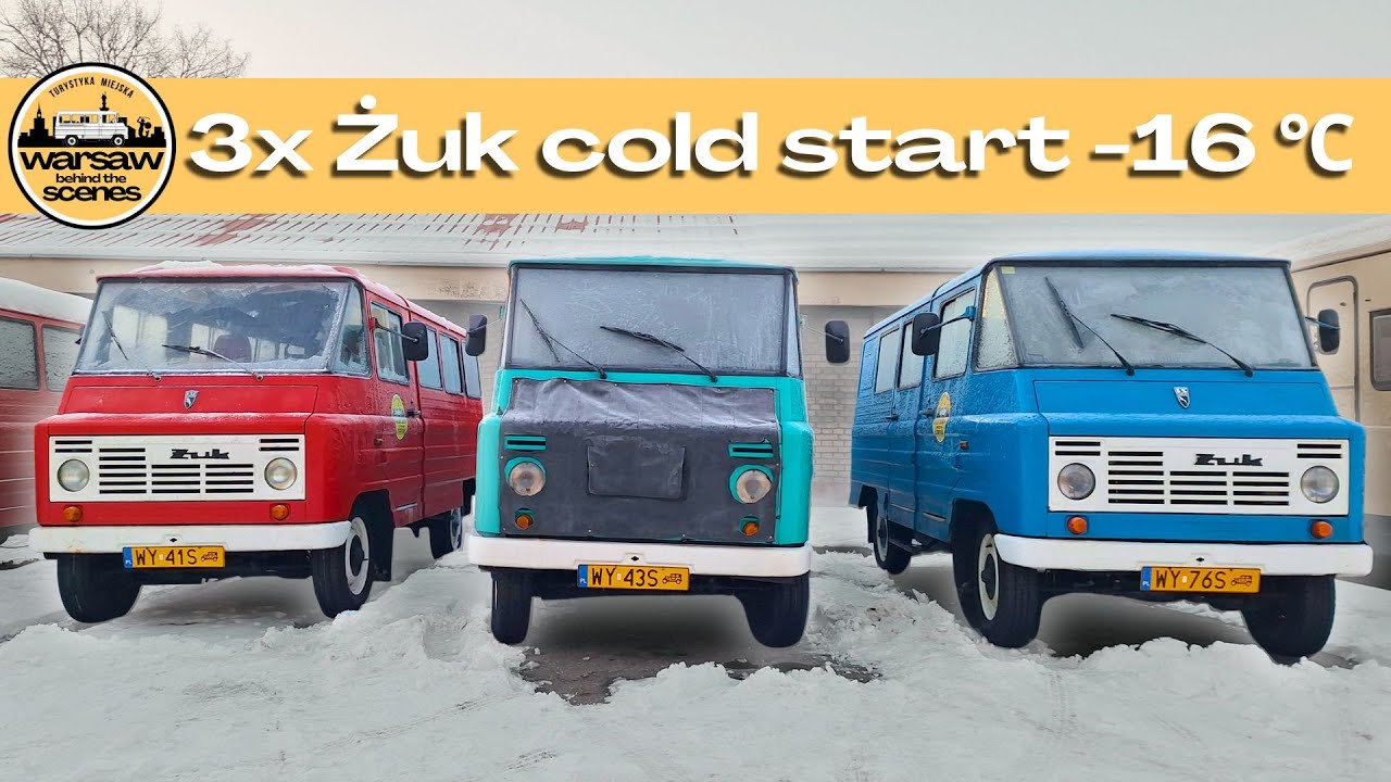 3x FSC Żuk zimny start -16°C. Polish communist vans Żuk cold start in freezing winter.
