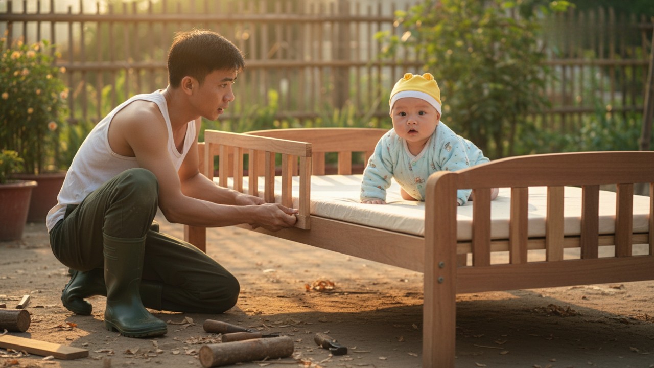 Baby Truc Lam Needed a Safe Wooden Crib &mdash; So Dad Trieu Duong Built One by Hand