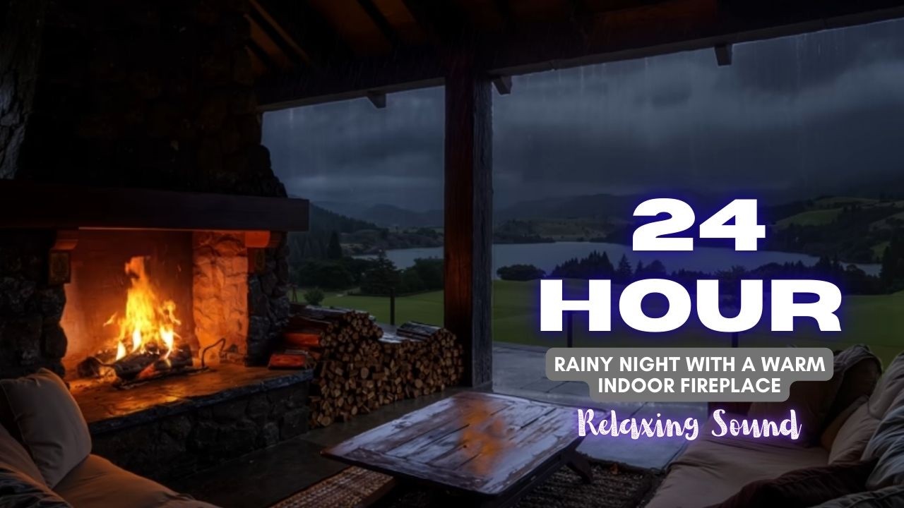Rainy Night with a Warm Indoor Fireplace