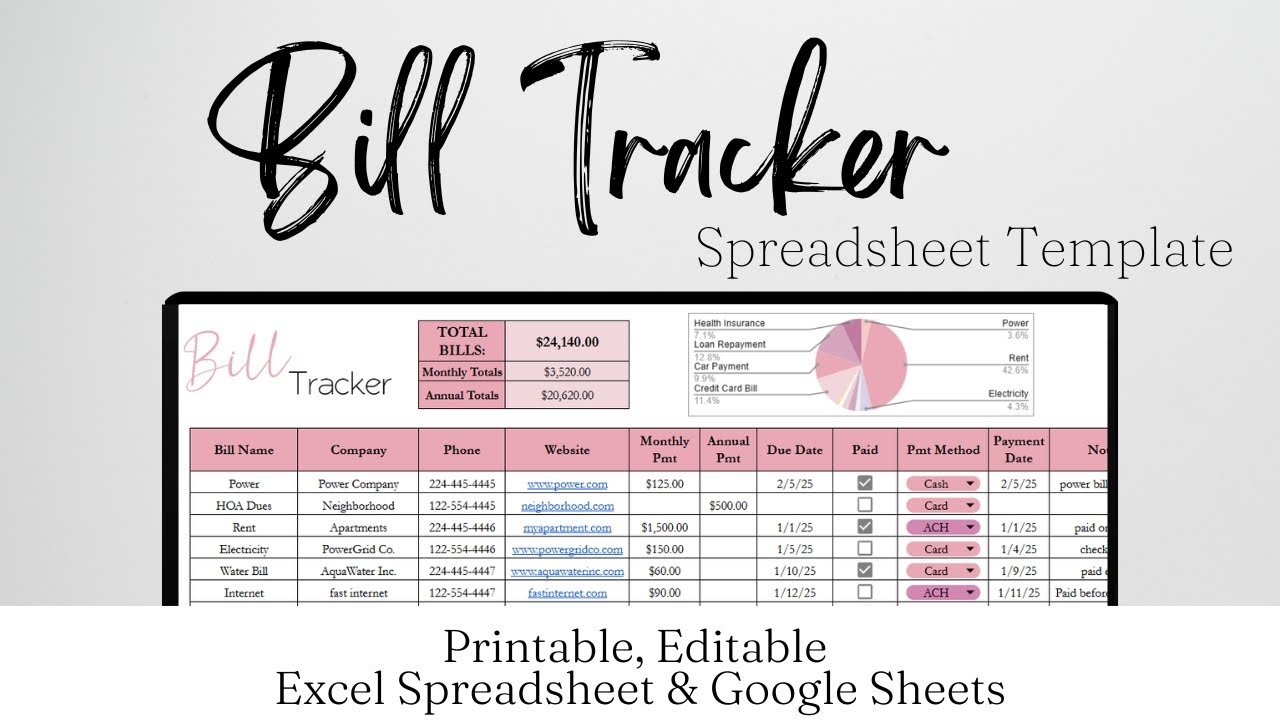 Инструмент отслеживания счетов в Google Sheets, инструмент отслеживания ежемесячных платежей в Ex...