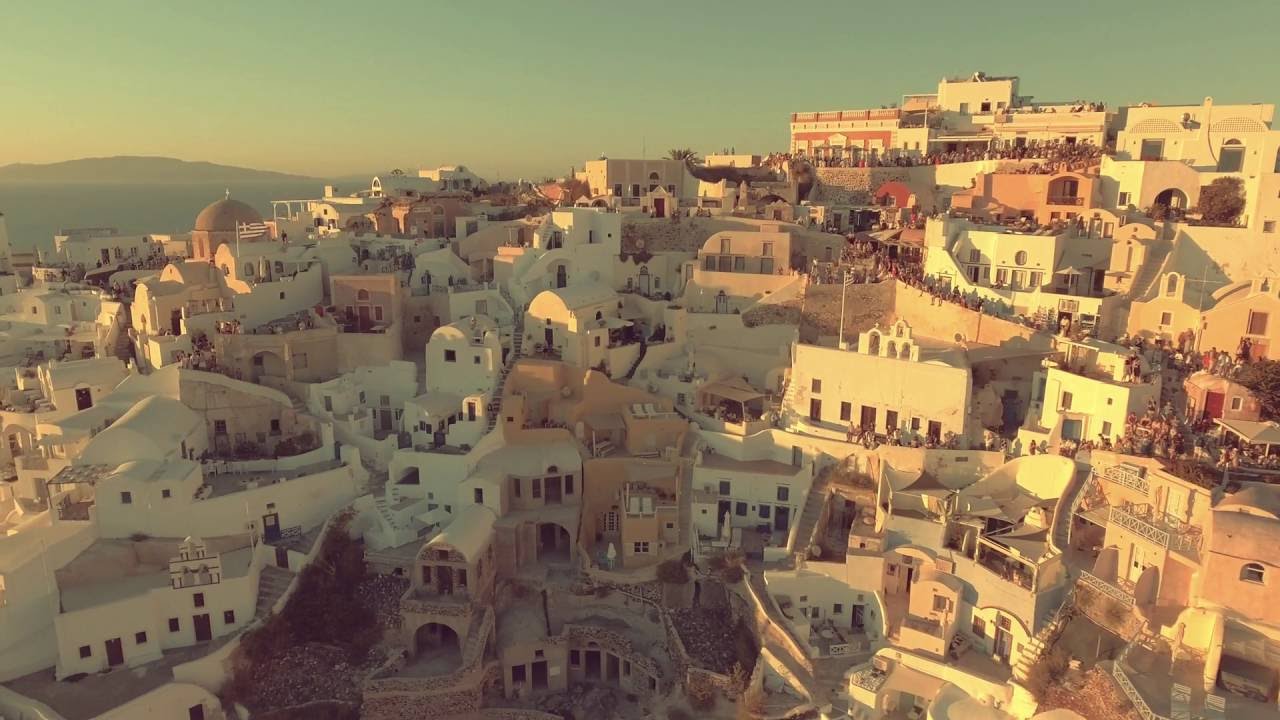 4K Droning in Oia Santorini at Sunset