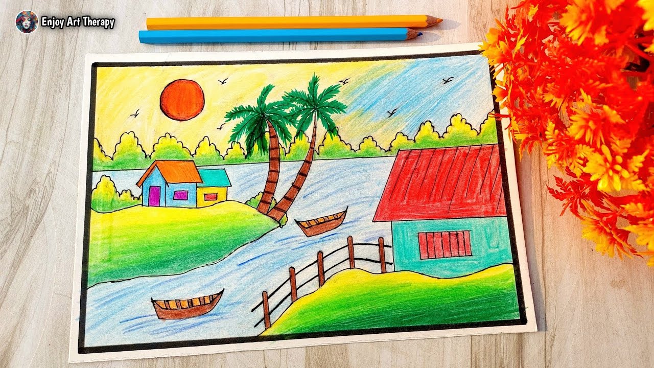 Village Drawing With Pencil Colour || Scenery Drawing Easy || Pencil Colour Drawing 