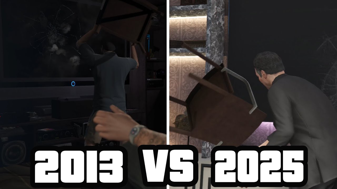 Майкл разбивает телевизор. 2013 против 2025 года &mdash; GTA Online.