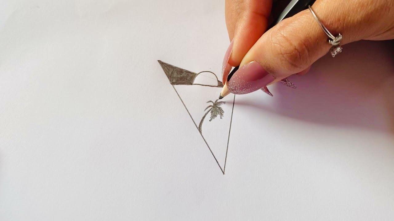 Beautiful Drawing In Triangle / Easy Sea Beach Pencil Drawing