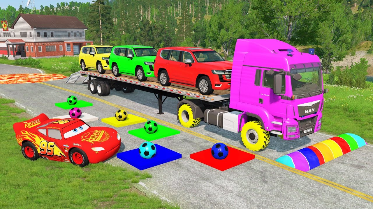 Flatbed Truck McQueen | Transportation with Truck - Pothole vs Car #56 | BeamNG.Drive Gameplay