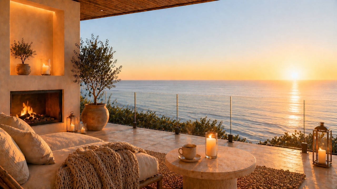 Cozy Seaside Balcony at Sunrise ☀️ Fireplace & Ocean Waves for Relaxation