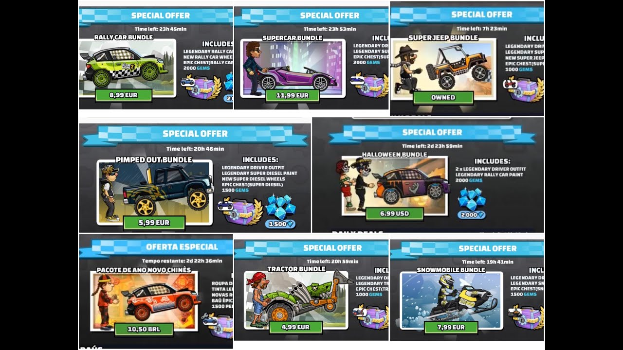 ALL HILL CLIMB RACING 2 BUNDLES 2020 + GAMEPLAY (23 Original Bundles)
