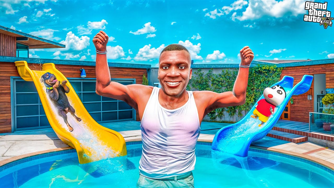 Franklin & Shinchan Build a GIANT Water Slide at Their House in GTA 5