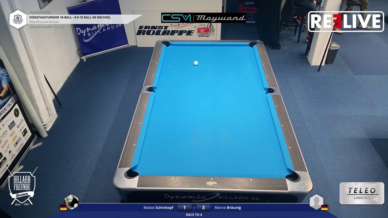 Matze Schinkopf vs Marco Bräunig Tisch[2] Dienstagturnier Billardfreuden Bremen 10-Ball 10.2.26