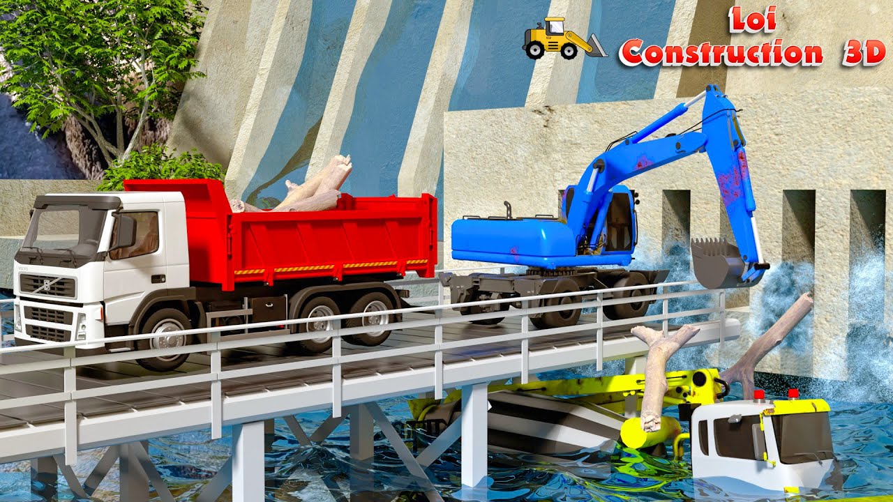 Emergency Dam Repair: Excavator & Trucks Restore Water Flow | 3D Construction Animation