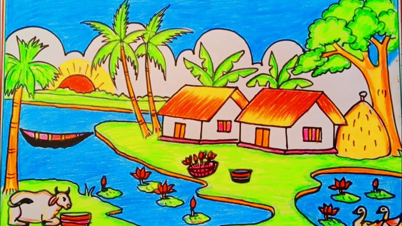 Village drawing 😍beautiful village 😍💙New Drawing💙❤অনেক সুন্দর গ্রামের দৃশ্য আঁকা 🤫🤩