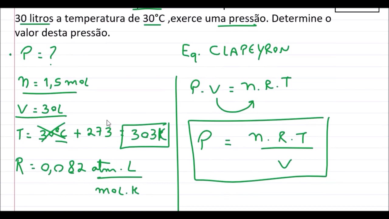 Calculando a pressão por meio da Equação de Clapeyron