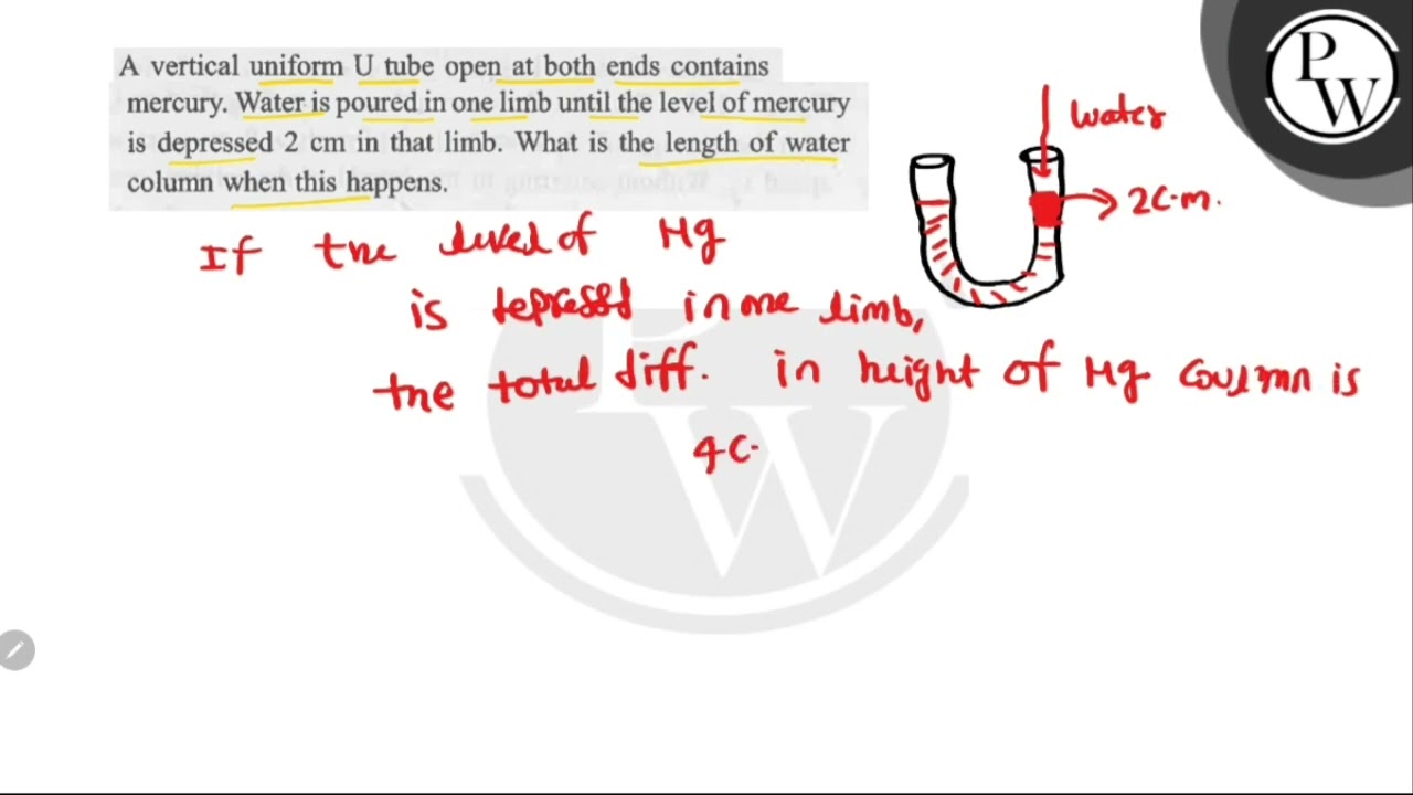 A vertical uniform \( U \) tube open at both ends contains P mercury. Water is poured in one lim...