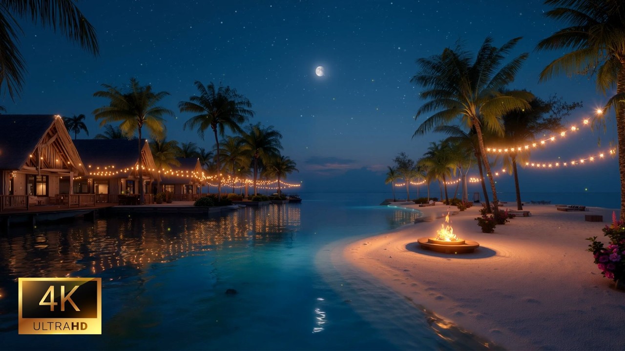 Calming Night Ambience (No Ads) 🌊 Ocean Waves with Gentle Fire ASMR