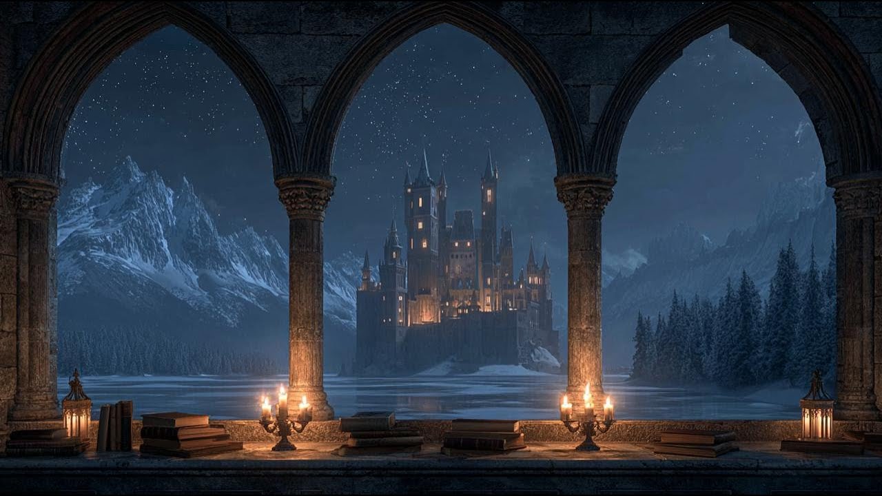 4K Medieval Castle Winter Window View – Relaxing Ambience & Calming Snow for Sleep and Meditation